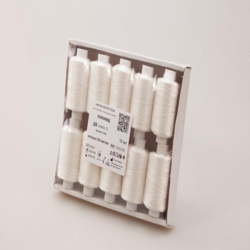 Нитка хірургічна, USP2/0 (М3), ПОЛІАМІД, кручена, біла, (котушка 200 метрів)